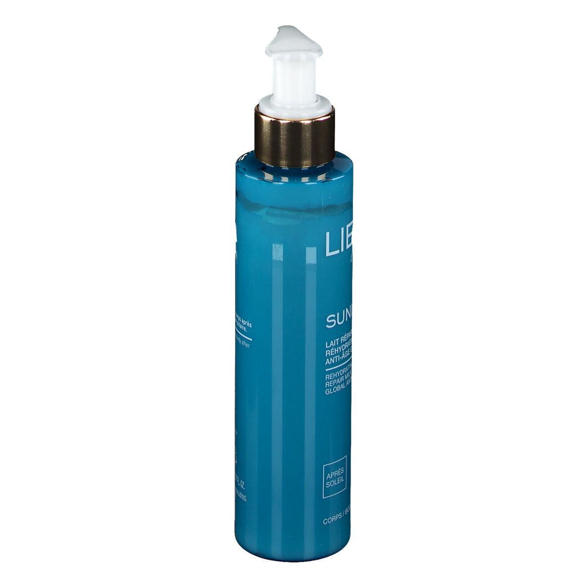 Flacone blu-turchese con dosatore. Scritta LIERAC PARIS, SUNISSIME, Lait Réparateur Hydratant Anti-Âge Global.