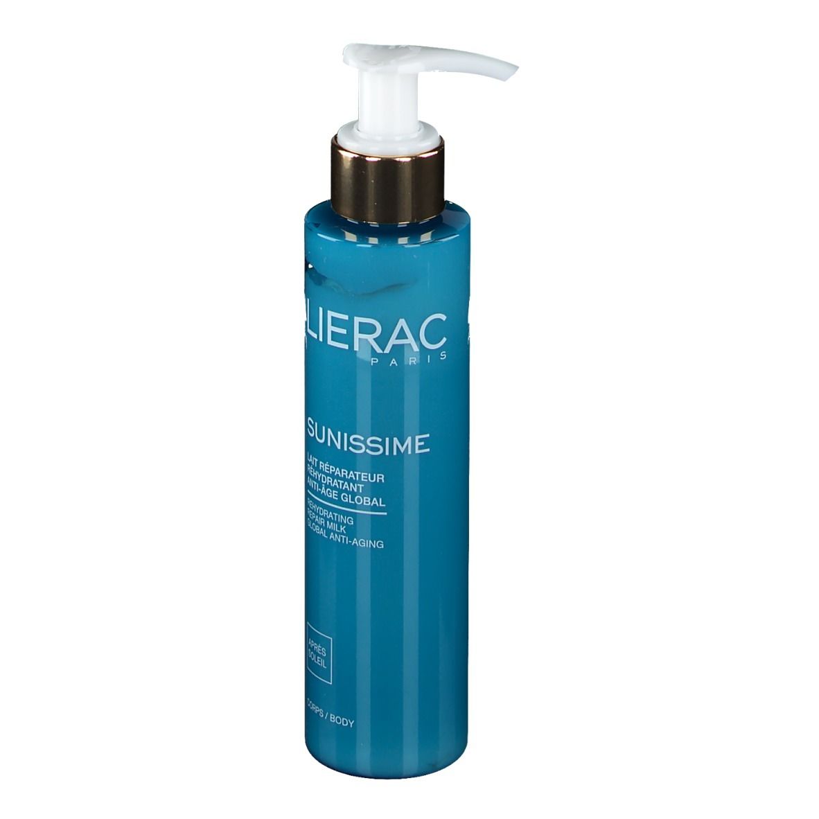 Flacone blu-turchese con dosatore. Scritta LIERAC PARIS, SUNISSIME, Lait Réparateur Hydratant Anti-Âge Global.