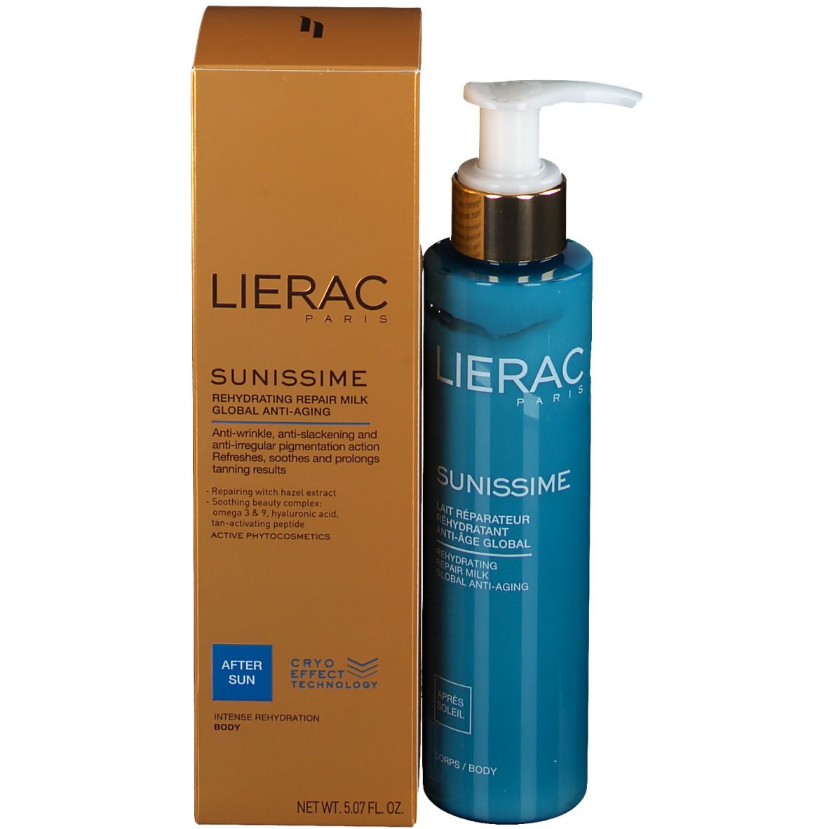 Flacone e confezione. Scritta LIERAC PARIS, SUNISSIME, Lait Réparateur Hydratant Anti-Âge Global. Confezione dorata.