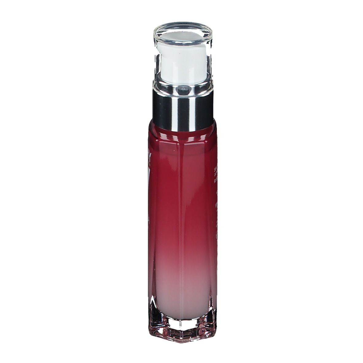 Siero per il viso in bottiglia con dosatore. Sfumatura rosso-bianco. Logo Vichy e nome Idealia.