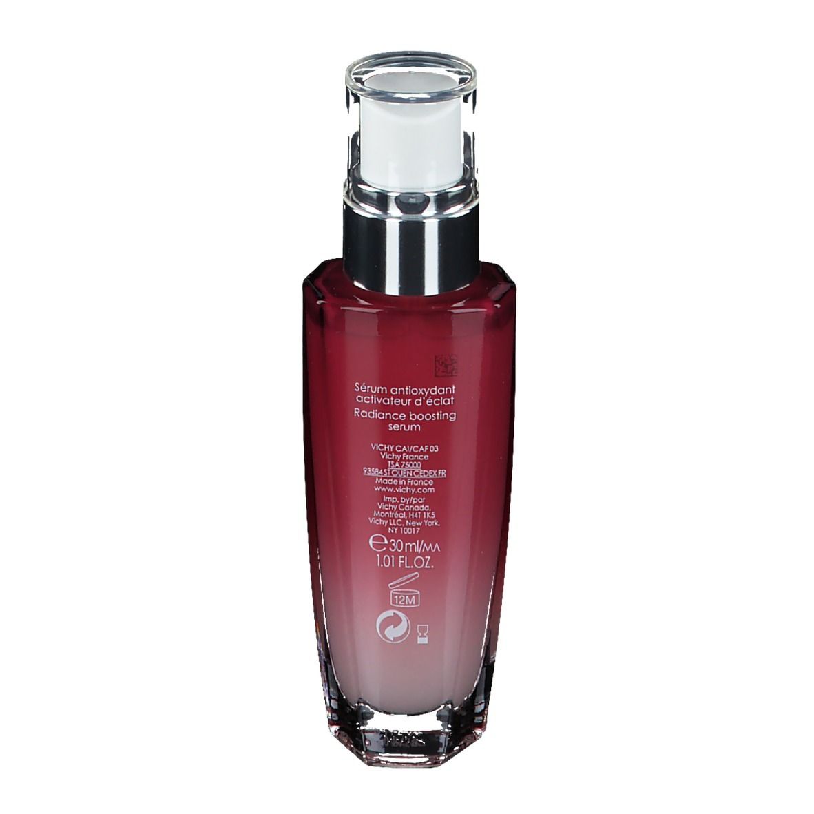 Retro di un flacone di siero. Testo con informazioni sul prodotto. Logo Vichy. Volume: 30 ml.