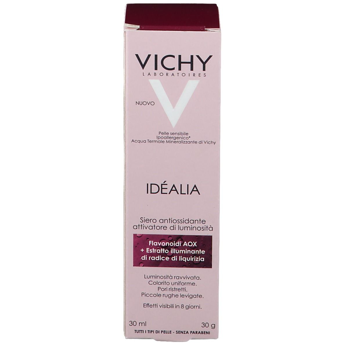 Confezione del prodotto. Scatola con logo Vichy e nome Idealia. 30 ml.