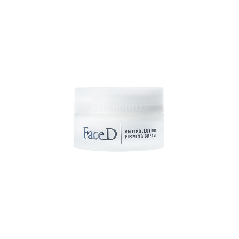Vaso bianco con coperchio. Scritta: Face D, Antipollution Firming Cream.