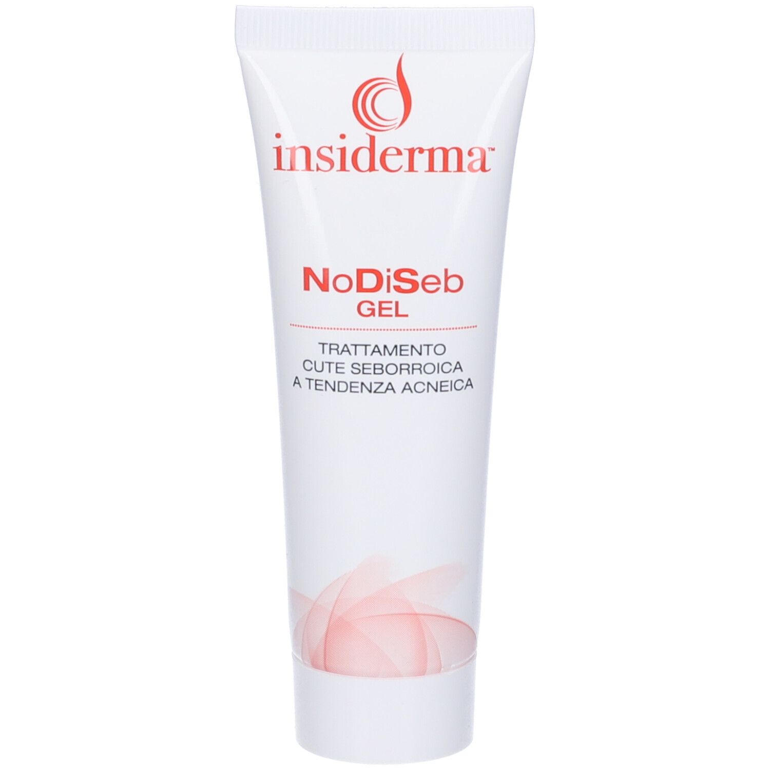 Tubo bianco con testo rosso. Contiene gel. Scritta: Insiderma, NoDiSeb Gel, trattamento per cute seborroica.