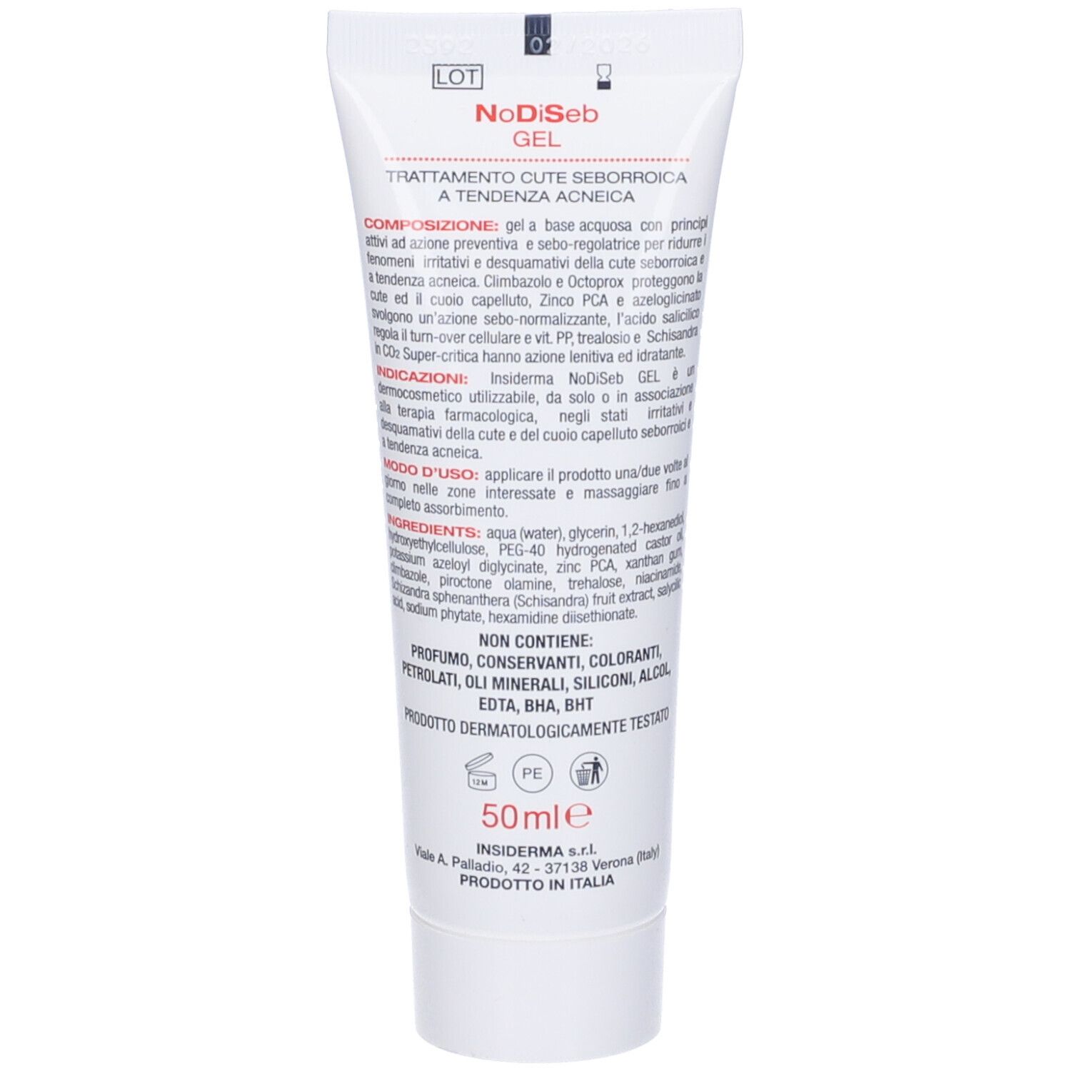 Retro del tubo. Contiene testo sugli ingredienti e l'uso. Scritta: NoDiSeb Gel, 50ml, dermatologicamente testato.