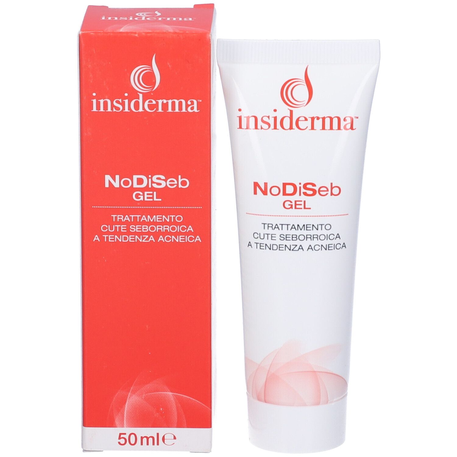 Confezione del prodotto. Scatola e tubo rossi. Scritta: Insiderma, NoDiSeb Gel, trattamento per cute seborroica. 50ml.
