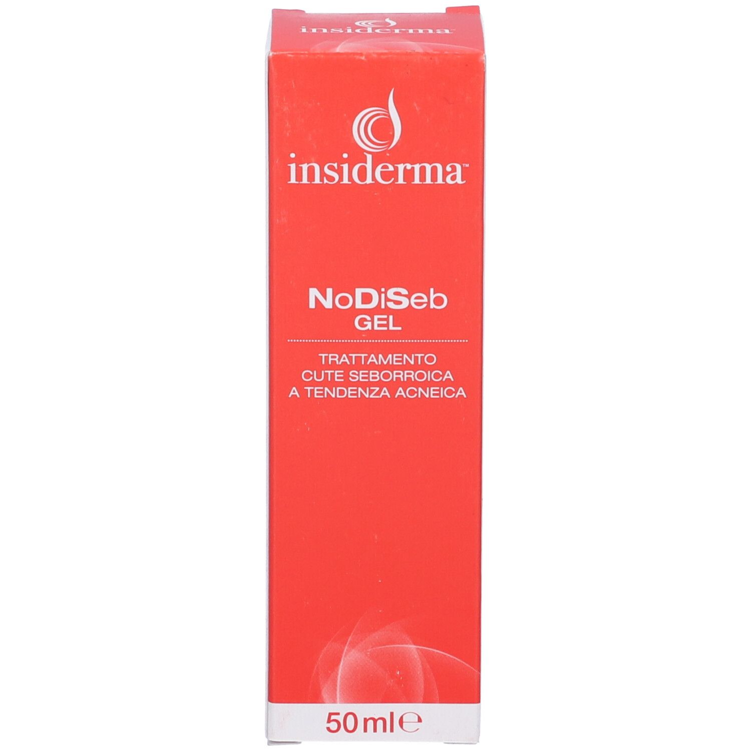 Scatola rossa con testo bianco. Scritta: Insiderma, NoDiSeb Gel, trattamento per cute seborroica. 50ml.