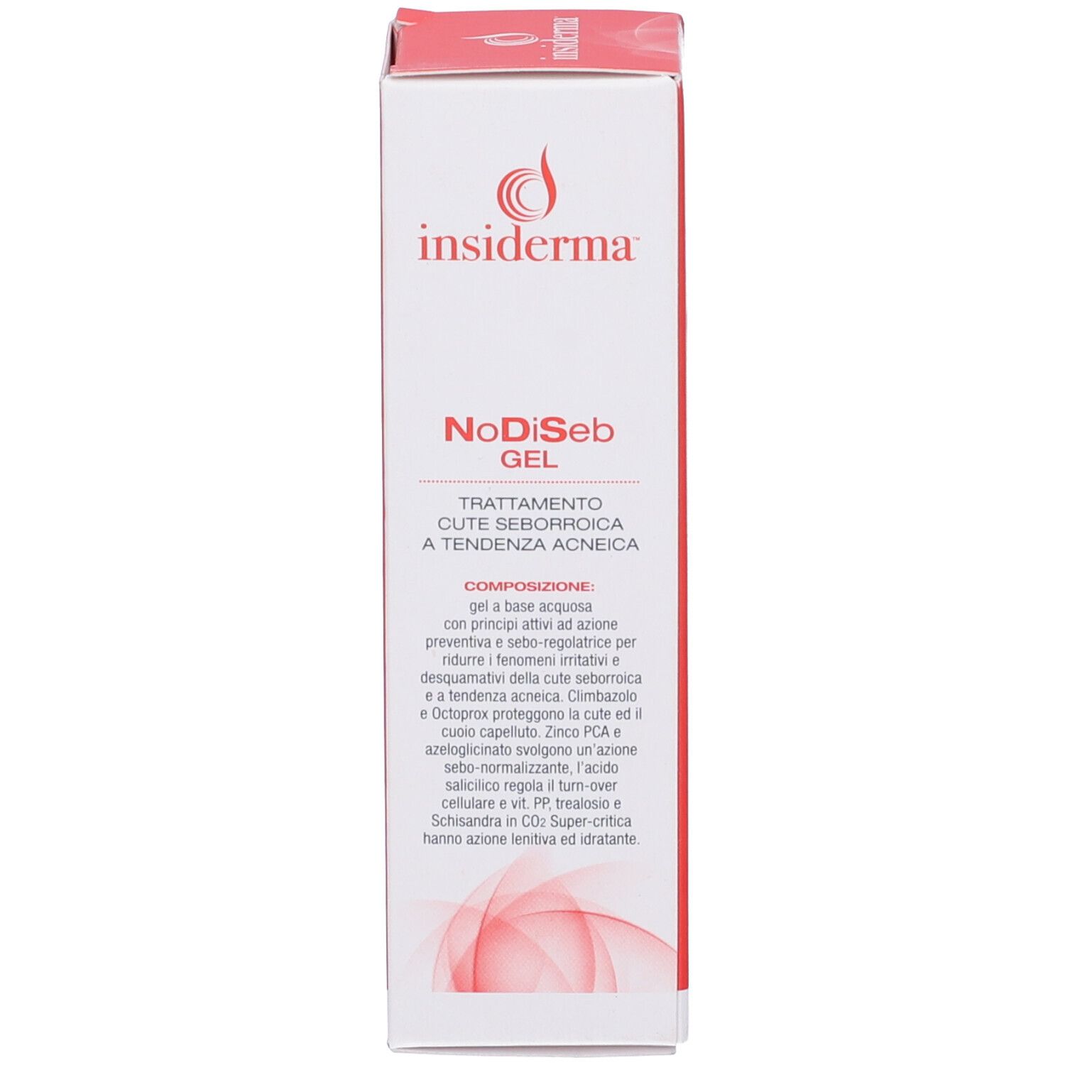 Retro della confezione del prodotto. Contiene testo sugli ingredienti e l'uso. Scritta: NoDiSeb Gel.