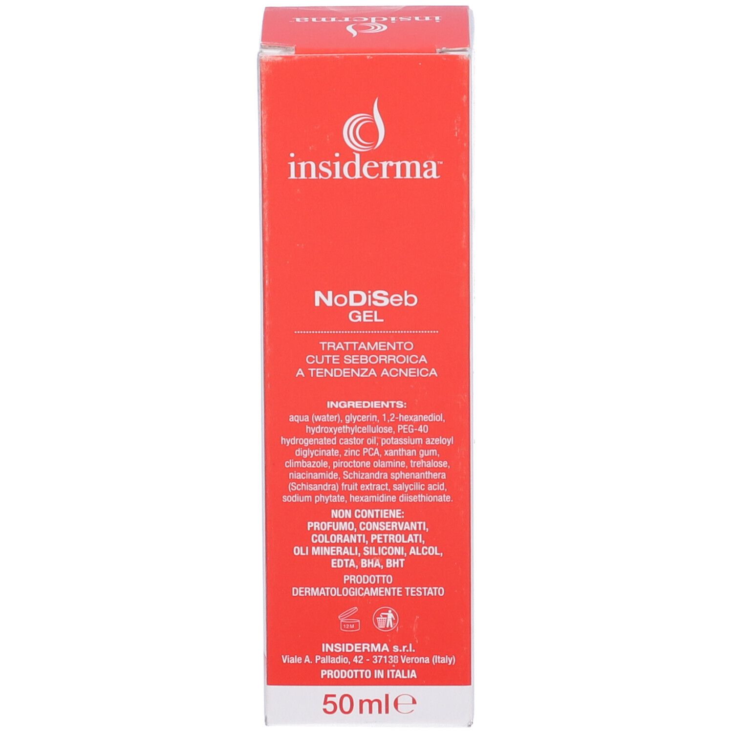 Retro della confezione del prodotto. Contiene ingredienti. Scritta: NoDiSeb Gel, ingredienti, dermatologicamente testato.