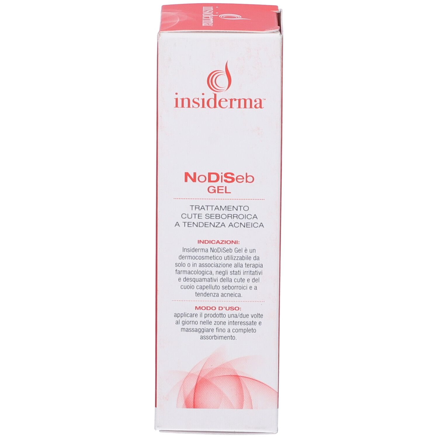 Retro della confezione del prodotto. Contiene istruzioni per l'uso. Scritta: NoDiSeb Gel, uso, dermatologicamente testato.