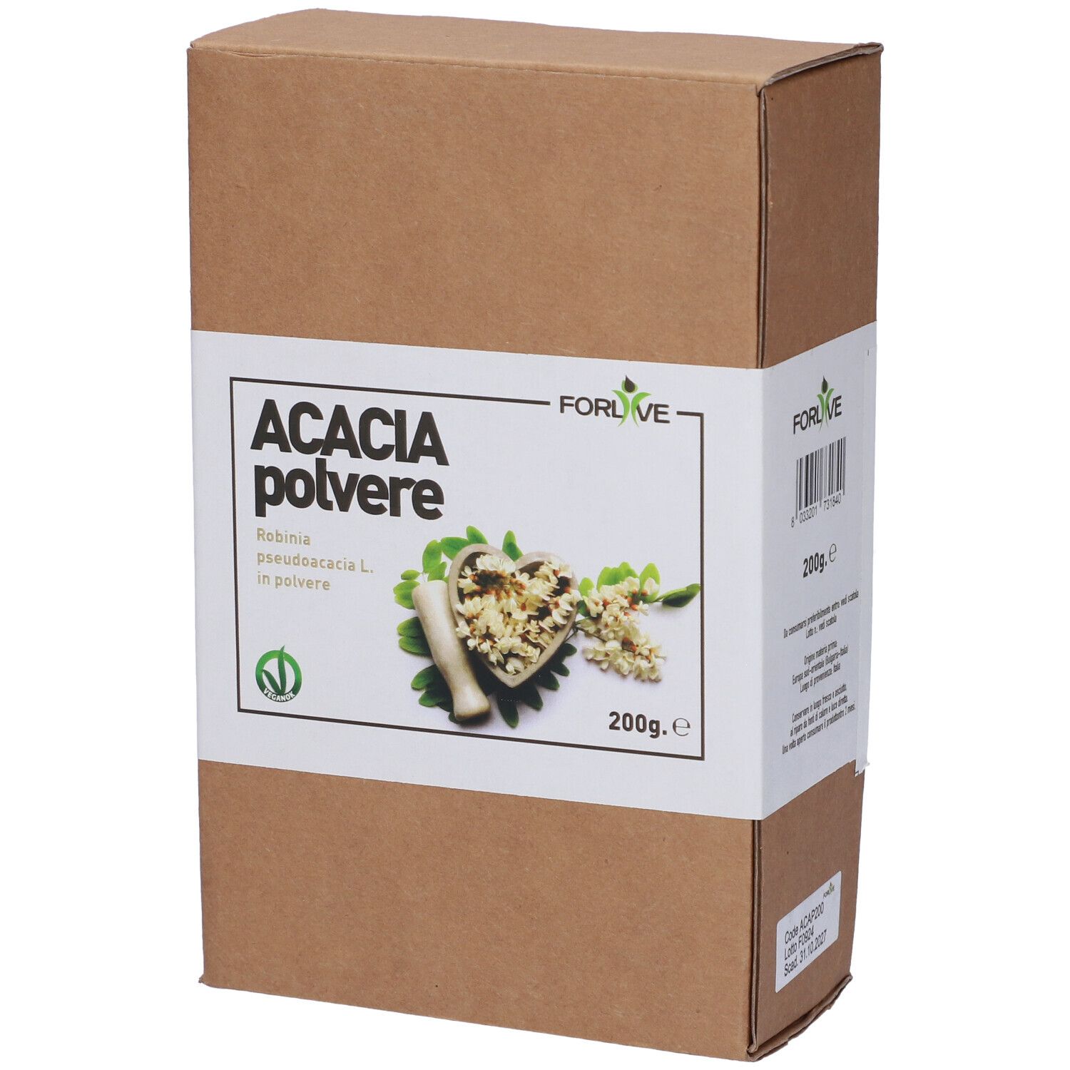 Scatola di cartone marrone con etichetta bianca. Scritto: Acacia polvere, 200g. Codice a barre e logo.