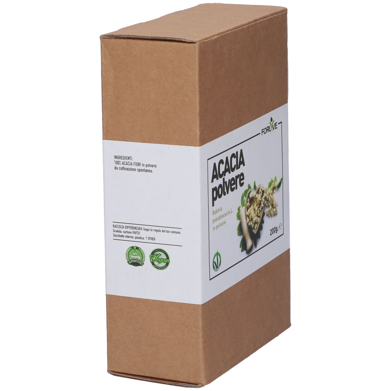 Scatola di cartone marrone con etichetta bianca. Scritto: Acacia polvere, 200g. Elenco ingredienti e loghi.