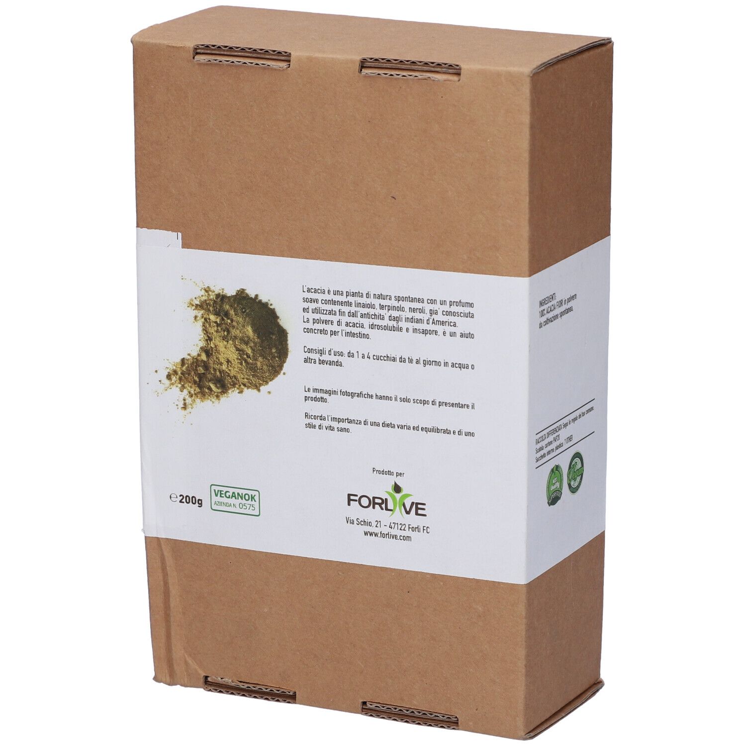 Scatola di cartone marrone con testo su Acacia. Loghi e 200g.