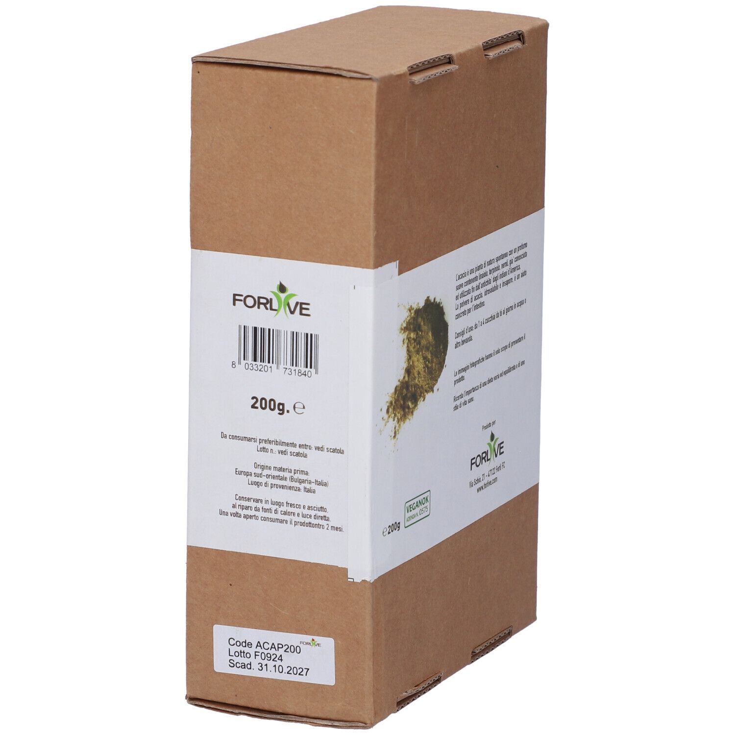 Scatola di cartone marrone con etichetta bianca. Codice a barre, 200g e dettagli di produzione.