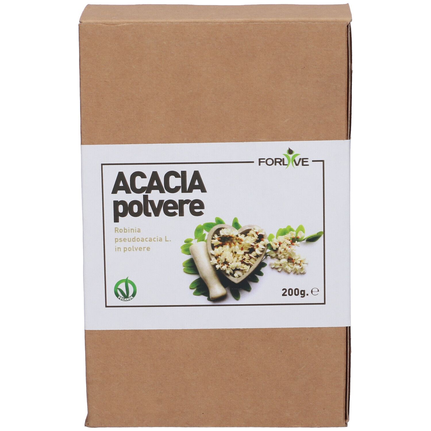 Scatola di cartone marrone con etichetta bianca. Scritto: Acacia polvere, 200g. Immagine di fiori e mortaio.
