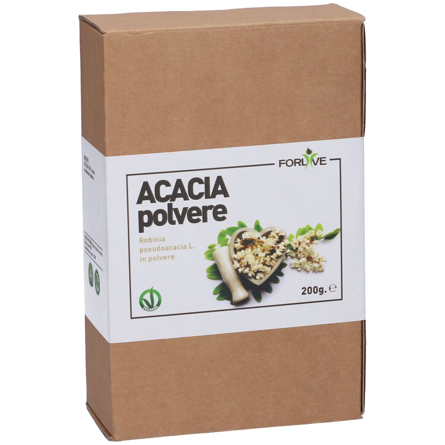 Scatola di cartone marrone con etichetta bianca. Scritto: Acacia polvere, 200g. Immagine di fiori e mortaio.