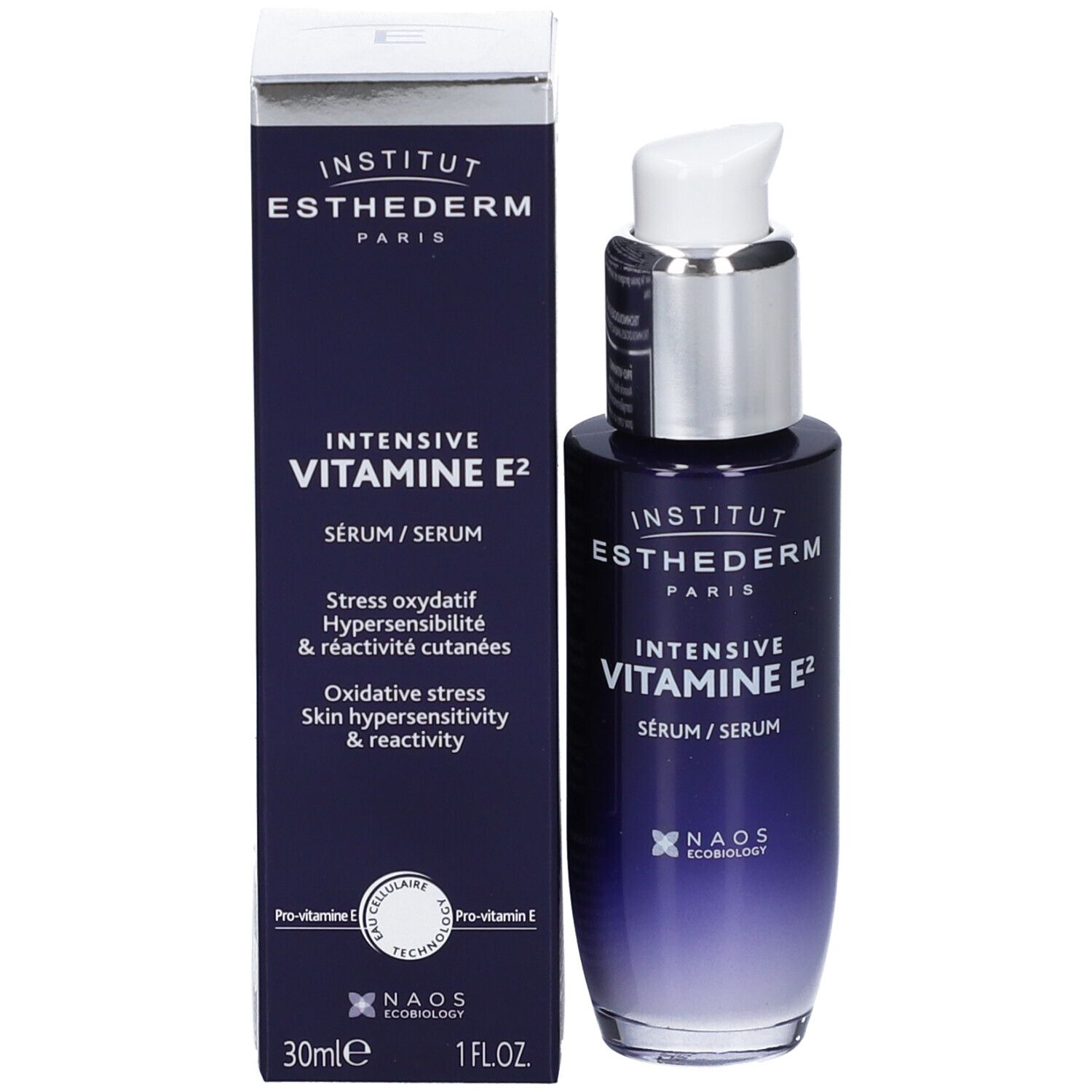 Flacone di siero e confezione. Scritta: INSTITUT ESTHEDERM PARIS, INTENSIVE VITAMINE E² SÉRUM, 30ml, 1 fl.oz.