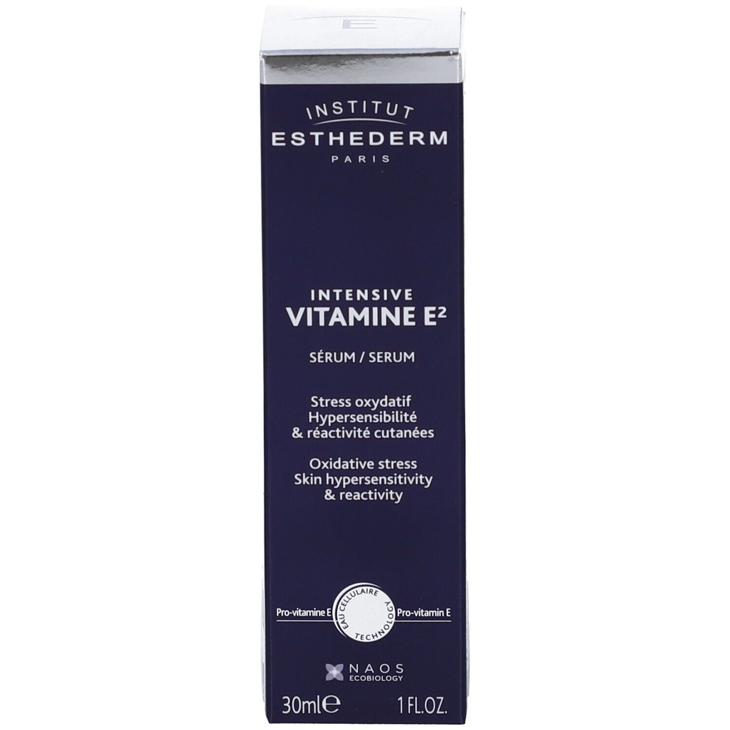 Confezione. Scritta: INSTITUT ESTHEDERM PARIS, INTENSIVE VITAMINE E² SÉRUM, 30ml, 1 fl.oz.