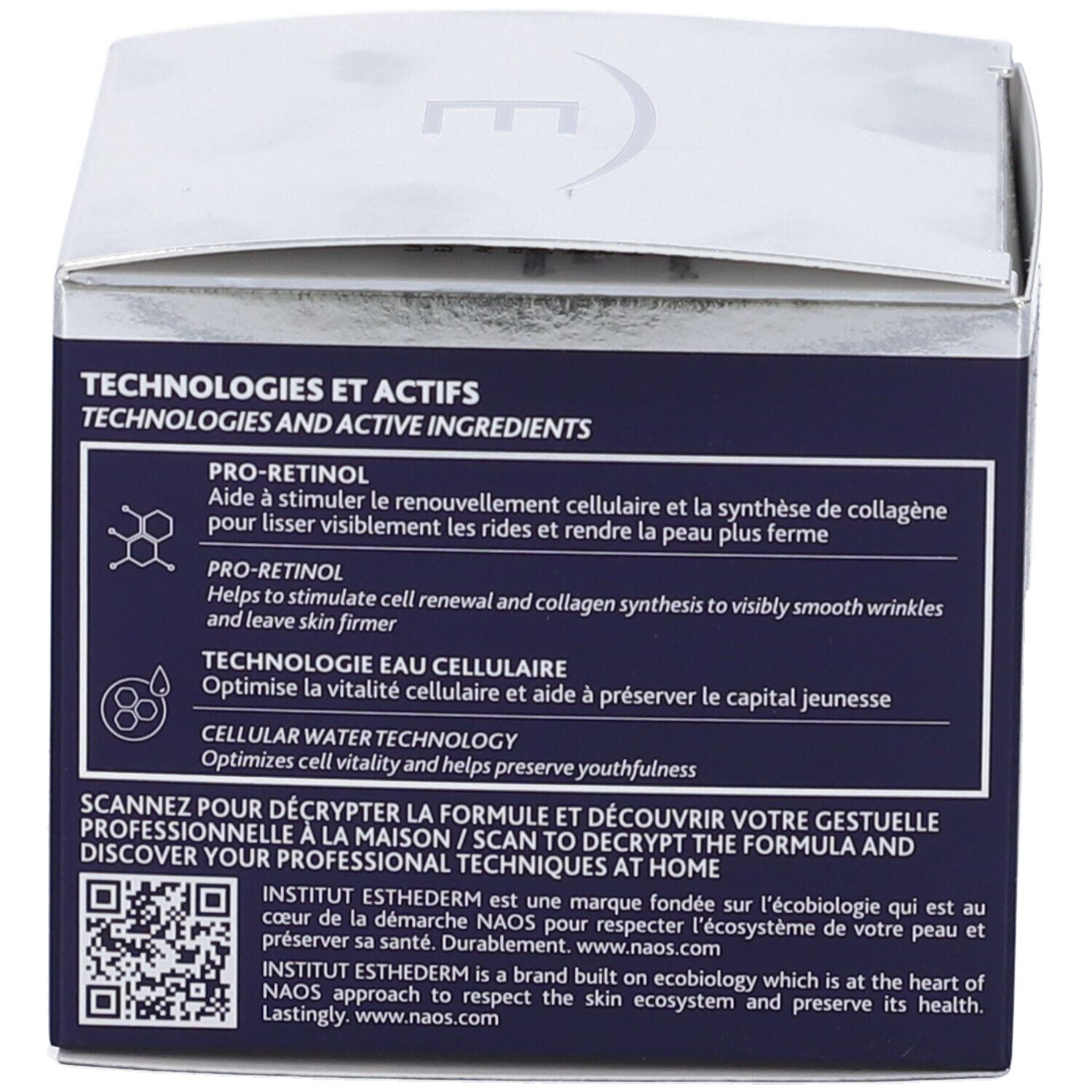 Retro della confezione. Testo su tecnologie e ingredienti attivi. Codice QR e indirizzo del sito web.