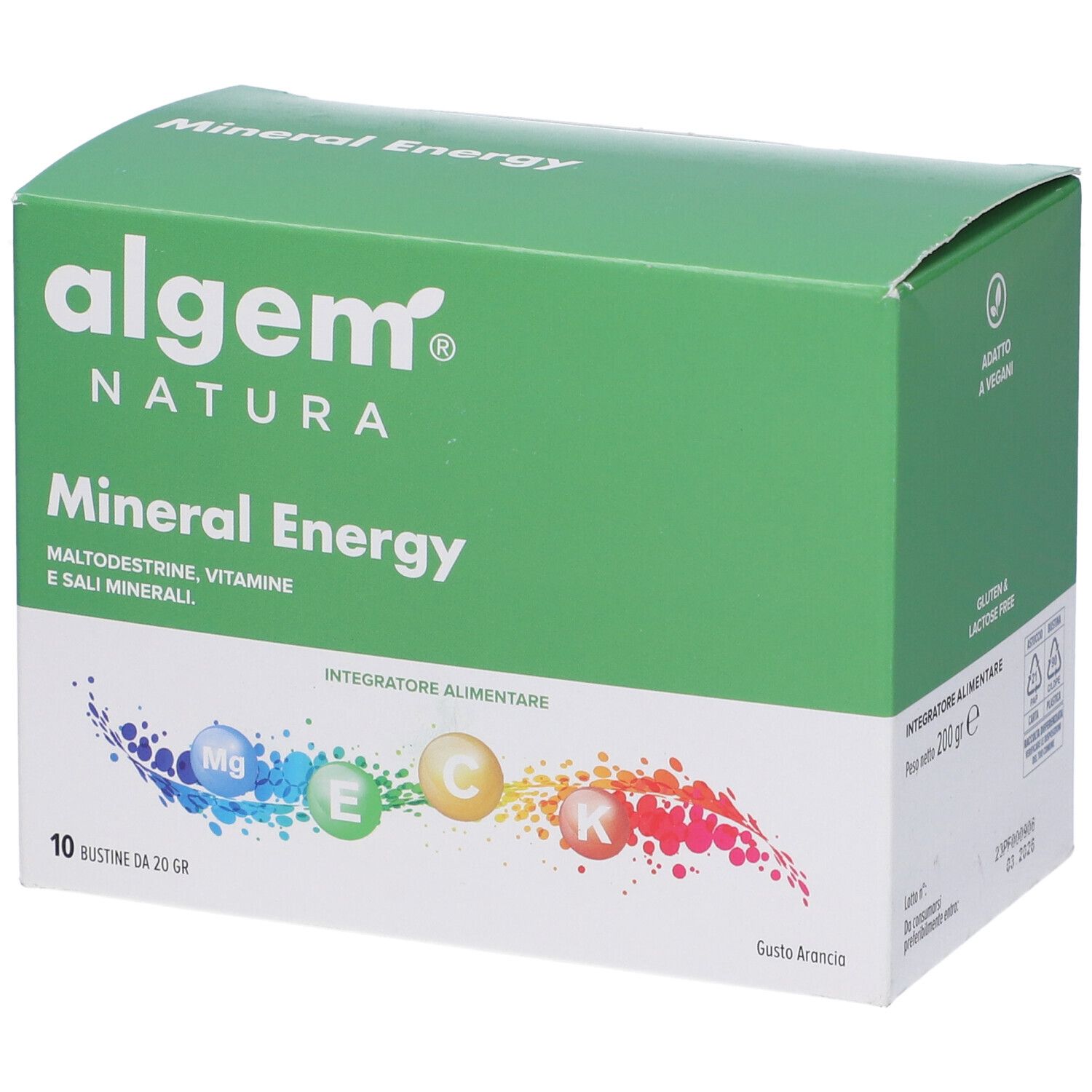 Scatola verde "algem NATURA Mineral Energy" con 10 bustine. Scritto: "Integratore Alimentare".