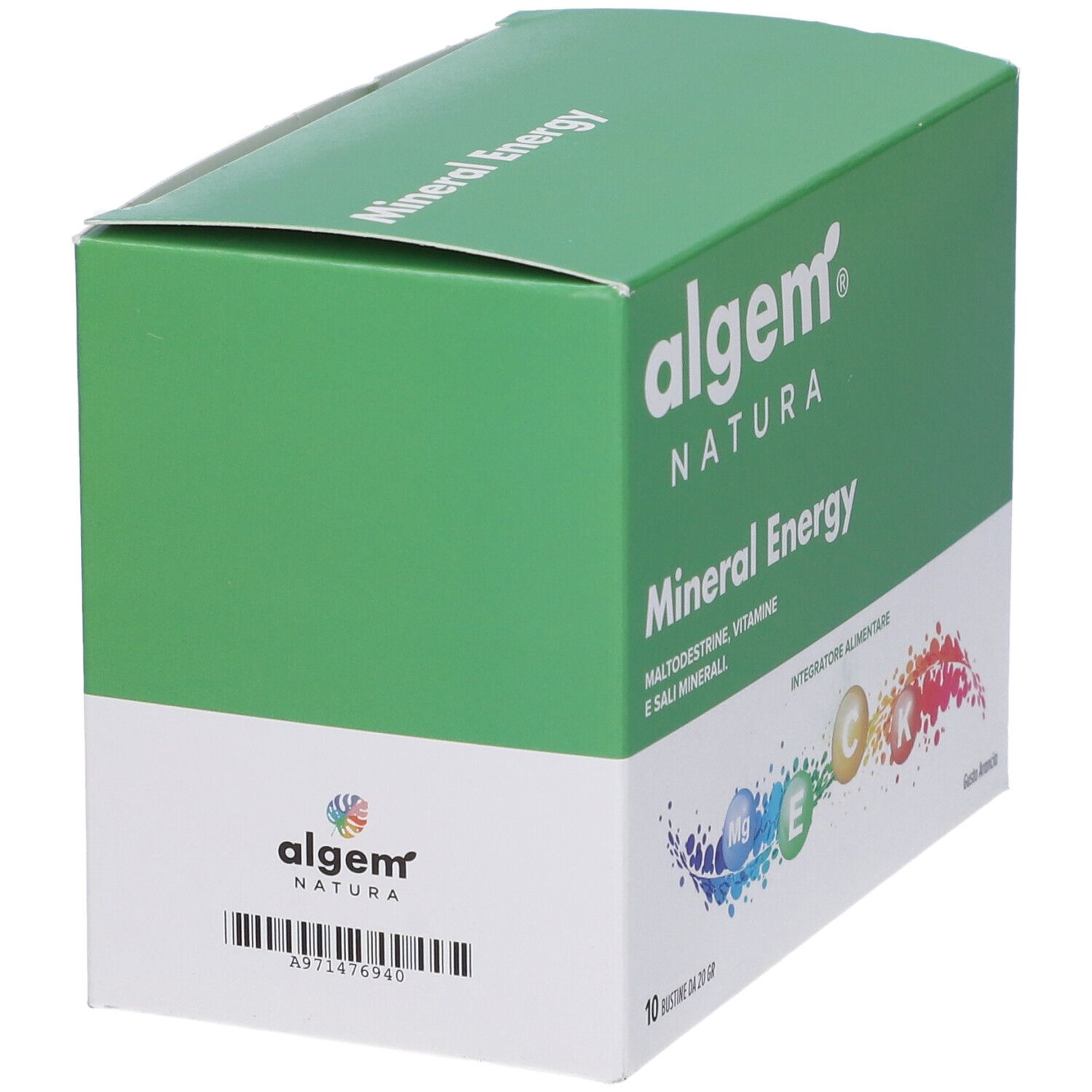 Scatola verde "algem NATURA Mineral Energy". Scritto: "Integratore Alimentare". Retro con codice a barre.