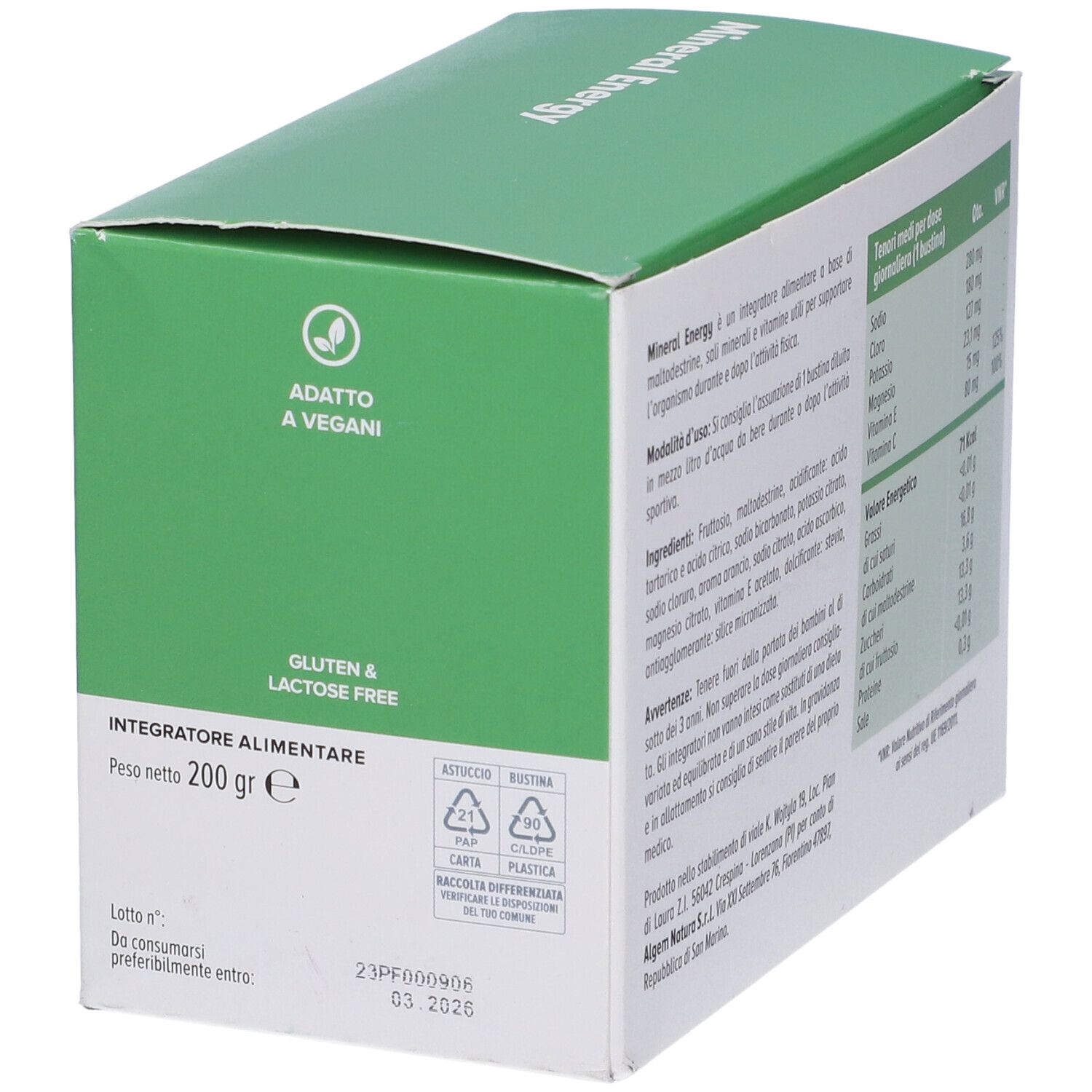 Retro della scatola verde "algem NATURA Mineral Energy". Etichetta vegana e senza glutine.