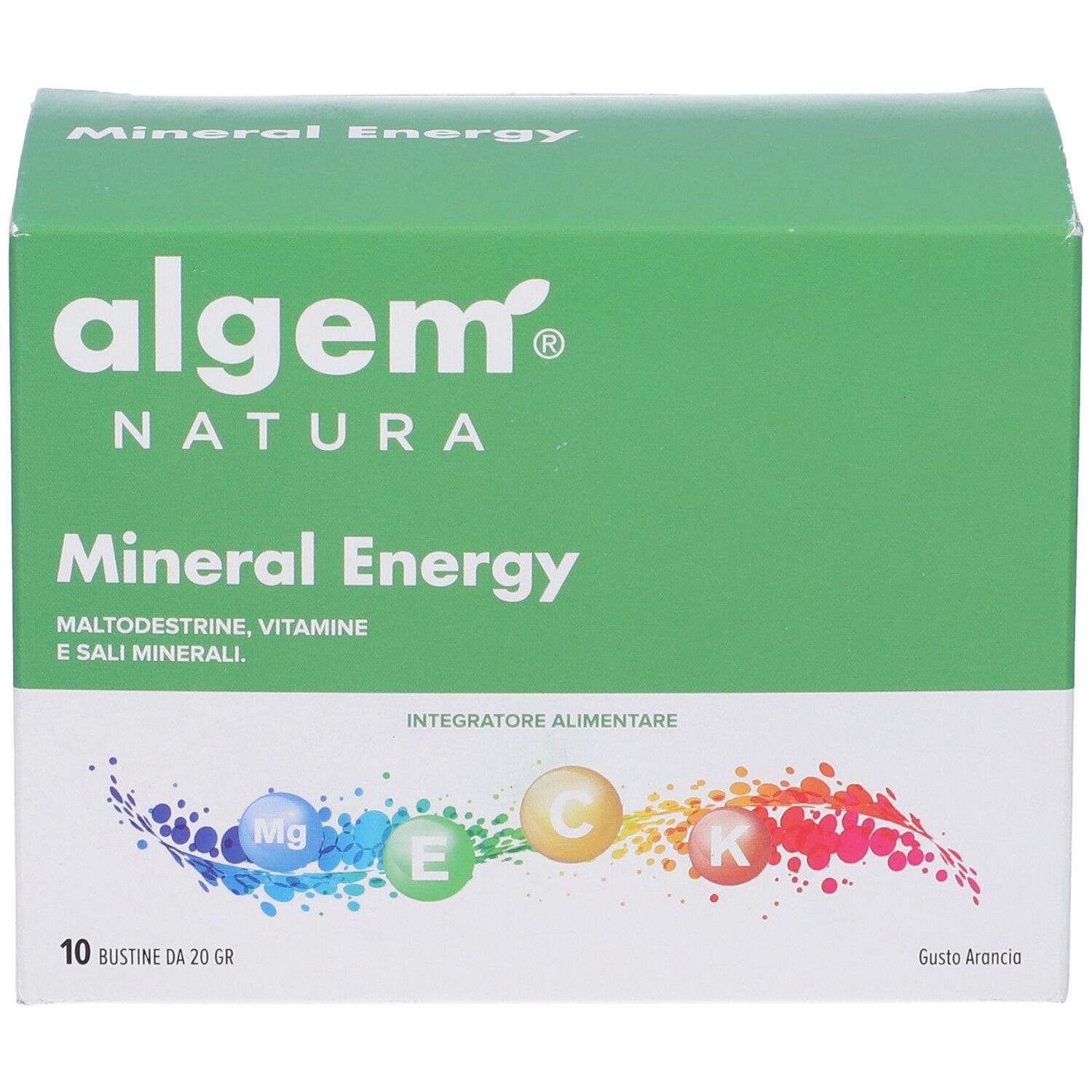 Scatola verde "algem NATURA Mineral Energy" con 10 bustine. Scritto: "Gusto Arancio".