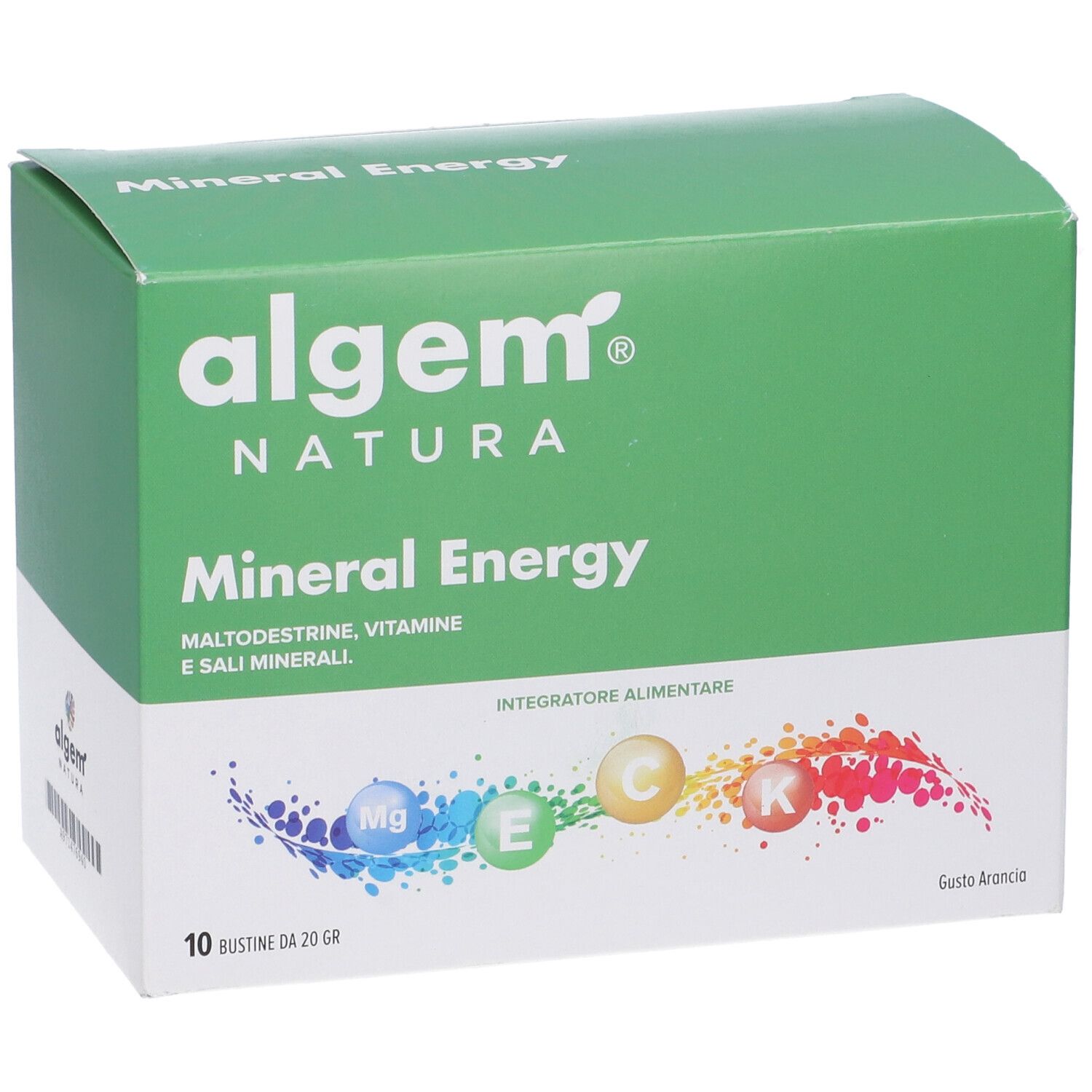 Scatola verde "algem NATURA Mineral Energy" con 10 bustine. Scritto: "Integratore Alimentare".