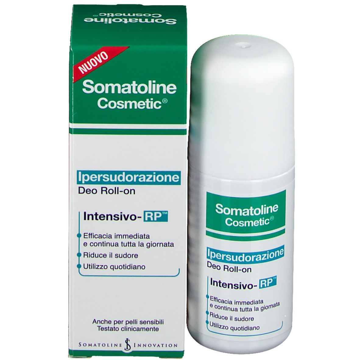 Confezione prodotto con roll-on e scatola. Marchio: Somatoline Cosmetic. Testo: Ipersudorazione Deo Roll-on.