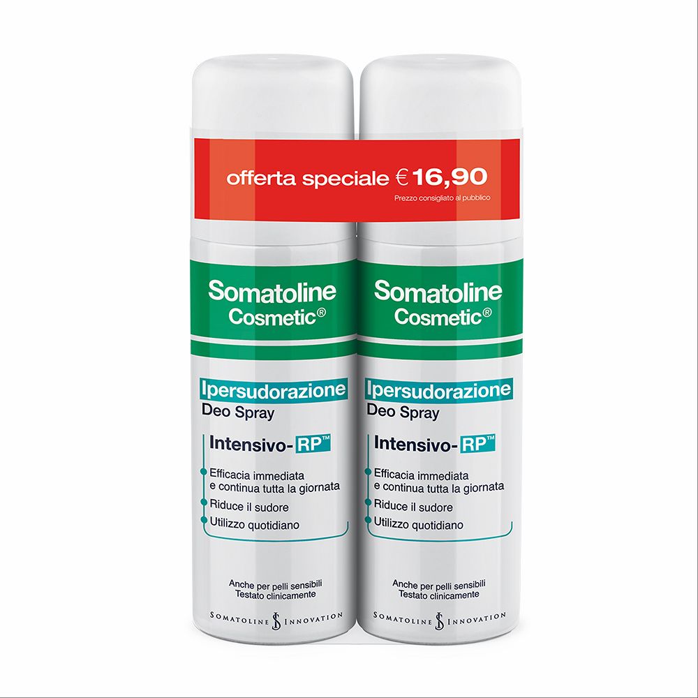 Due spray deodoranti bianchi con dettagli verdi e rossi. Scritta: Somatoline Cosmetic, Ipersudorazione Deo Spray, Intensivo-RP. Offerta speciale.