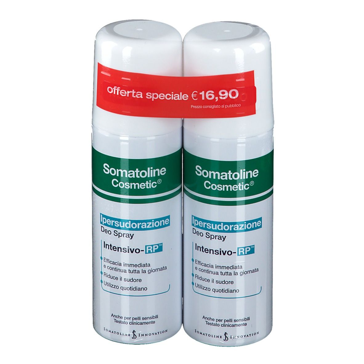 Due spray deodoranti bianchi con dettagli verdi e rossi. Scritta: Somatoline Cosmetic, Ipersudorazione Deo Spray, Intensivo-RP. Offerta speciale.