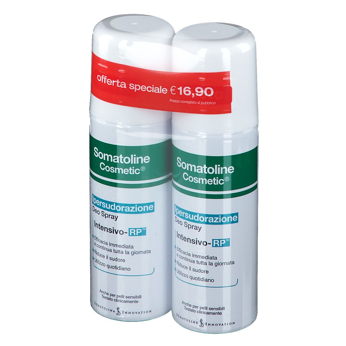 Due spray deodoranti bianchi con dettagli verdi e rossi. Scritta: Somatoline Cosmetic, Ipersudorazione Deo Spray, Intensivo-RP. Offerta speciale.