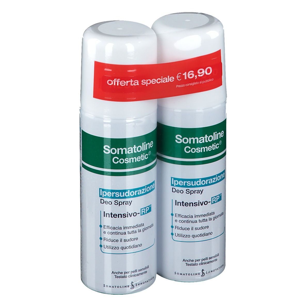 Due spray deodoranti bianchi con dettagli verdi e rossi. Scritta: Somatoline Cosmetic, Ipersudorazione Deo Spray, Intensivo-RP. Offerta speciale.