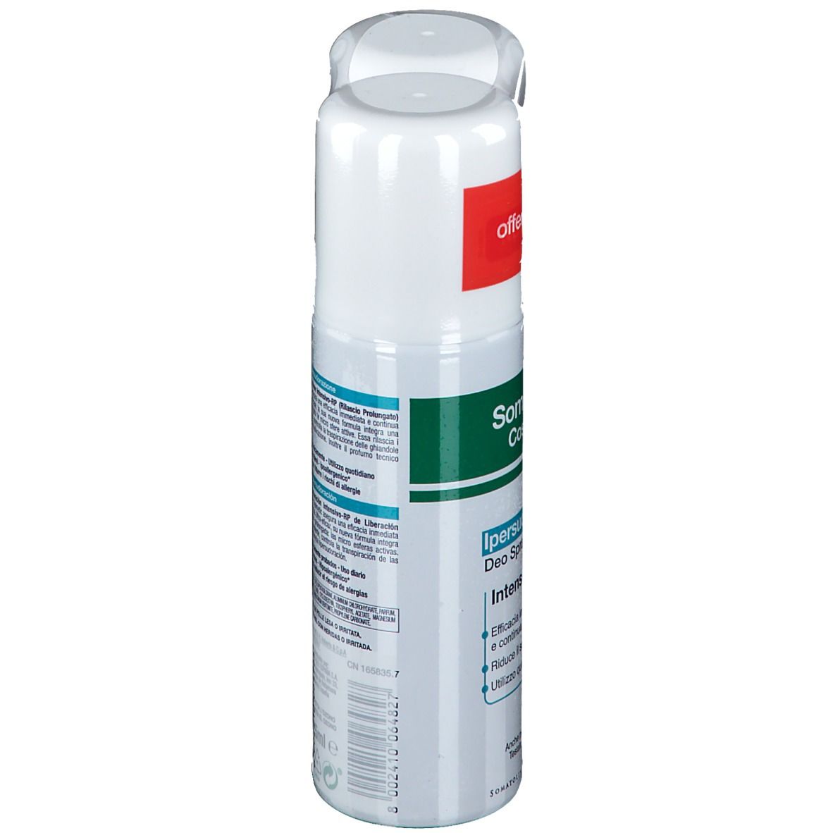 Spray deodorante bianco con dettagli verdi e rossi. Scritta: Somatoline Cosmetic, Ipersudorazione Deo Spray, Intensivo-RP. Retro con testo.