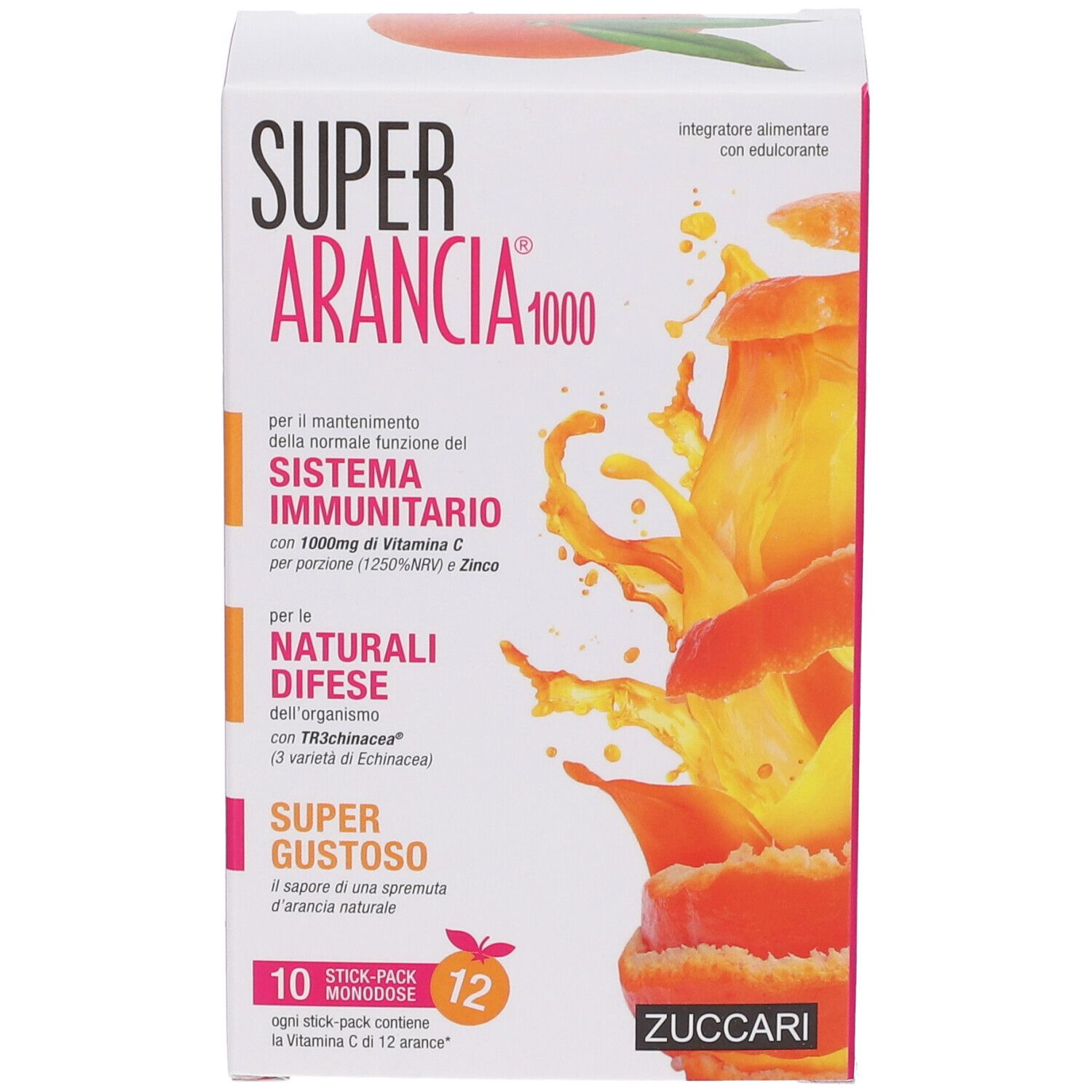 Vista frontale della confezione Super Arancia 1000. Contiene 10 stick-pack. Testo in italiano. Logo ZUCCARI.
