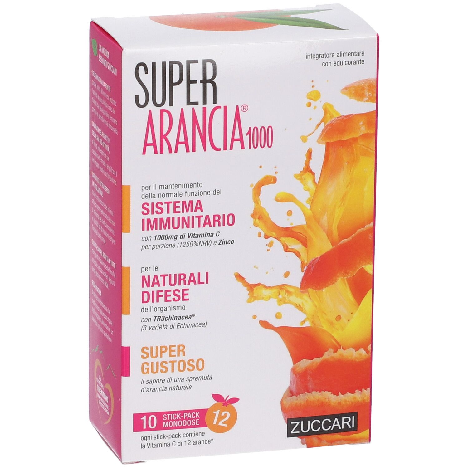 Vista frontale della confezione Super Arancia 1000. Contiene 10 stick-pack. Testo in italiano. Logo ZUCCARI.