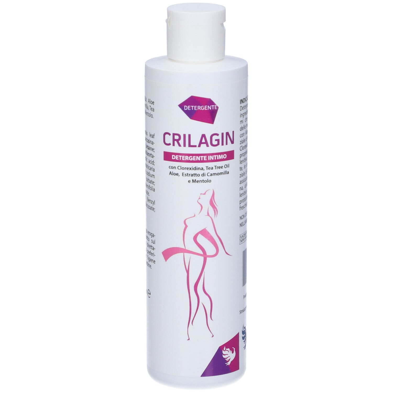 Flacone bianco con etichetta prodotto. Testo: Detergente Intimo. Illustrazione femminile. Logo.