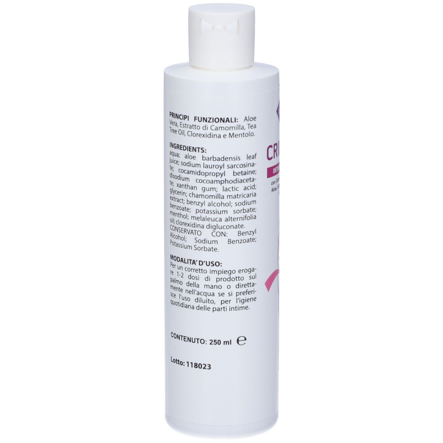 Retro del flacone bianco. Testo: Ingredienti, istruzioni per l'uso. Codice a barre.