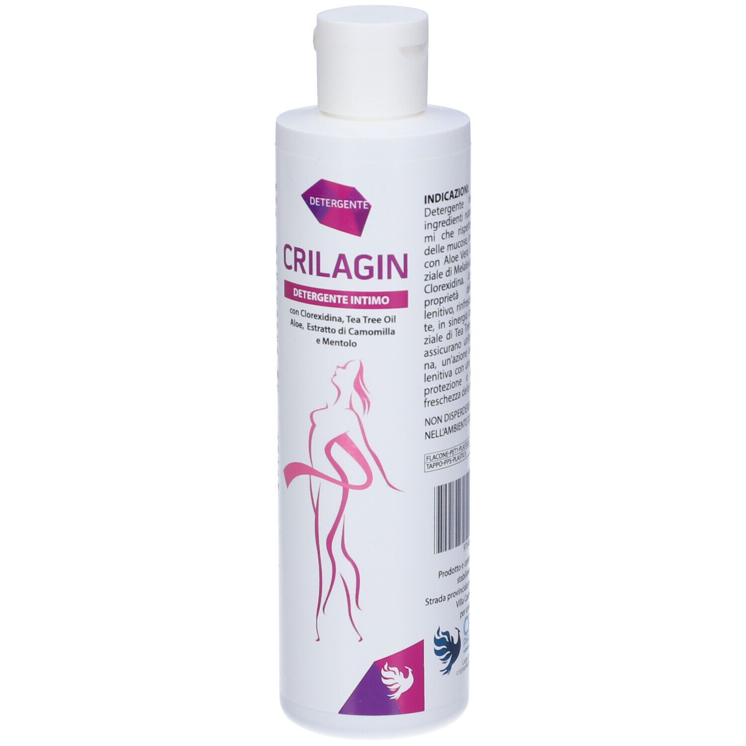 Flacone bianco con etichetta prodotto. Testo: Detergente Intimo. Illustrazione femminile. Logo.