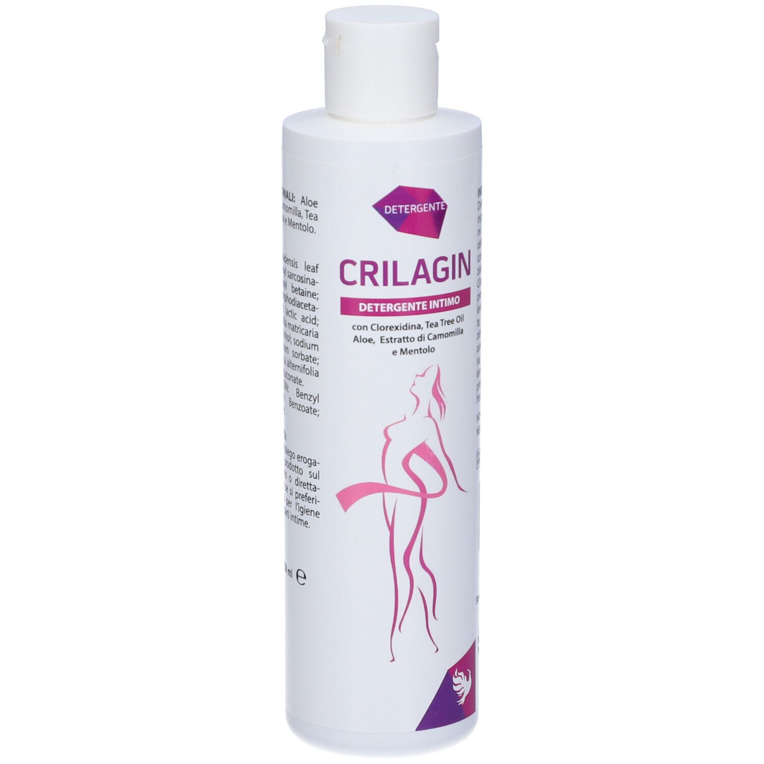Flacone bianco con etichetta prodotto. Testo: Detergente Intimo. Illustrazione femminile. Logo.
