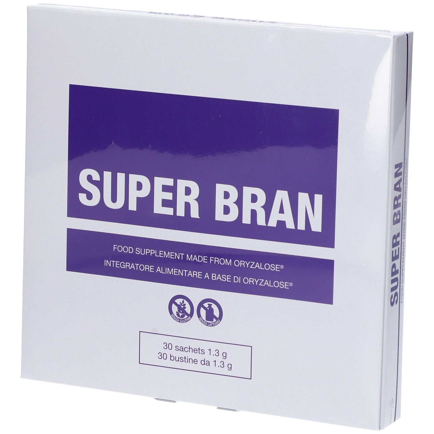 Scatola bianca con rettangolo viola e scritta SUPER BRAN. Contiene 30 bustine. Testo in italiano.