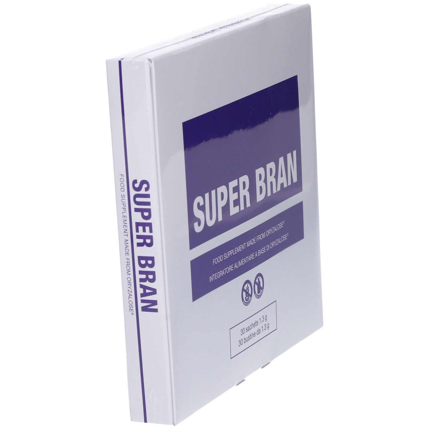 Scatola bianca con rettangolo viola e scritta SUPER BRAN. Nome del prodotto e testo sulla confezione.