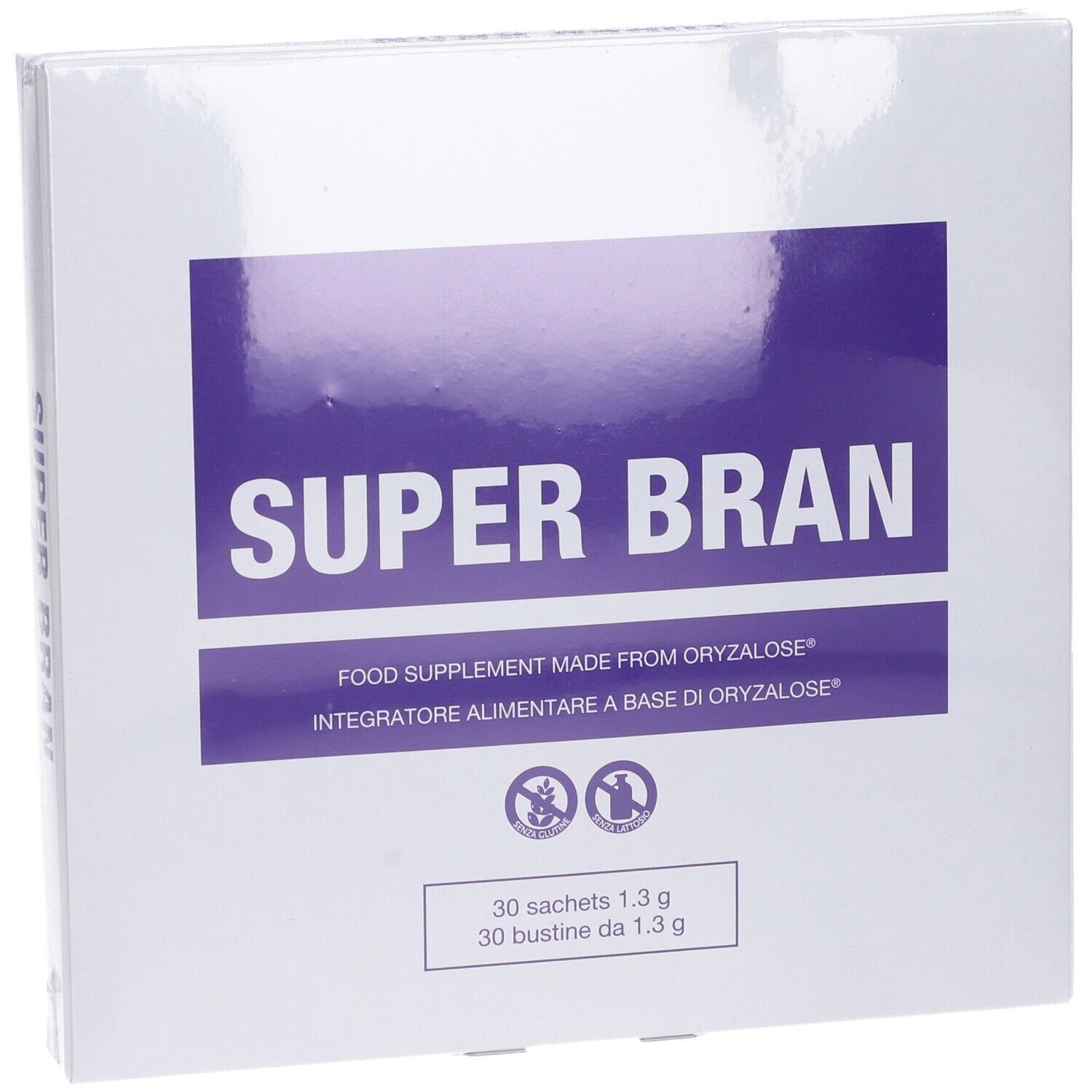 Scatola bianca con rettangolo viola e scritta SUPER BRAN. Contiene 30 bustine. Testo in italiano.