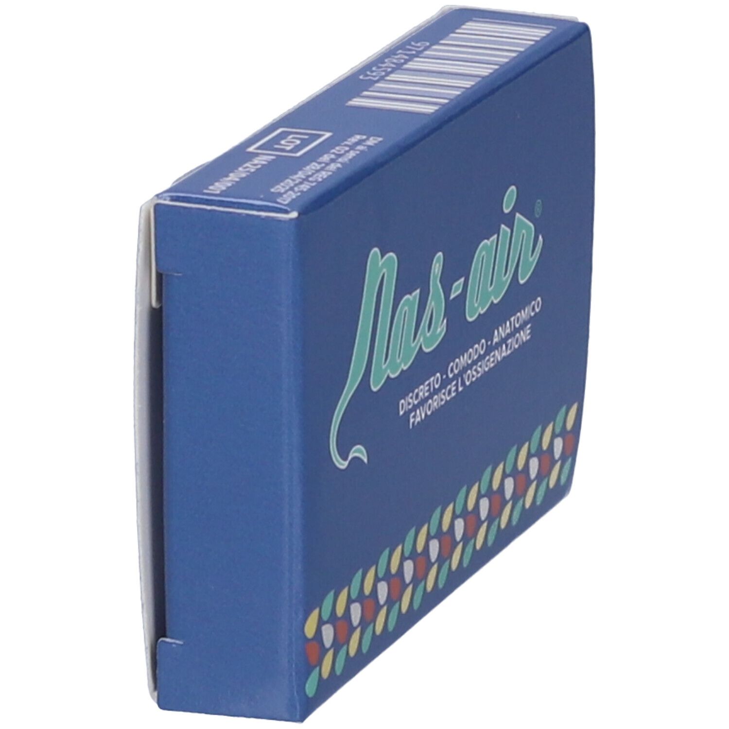 Scatola blu, vista laterale. Logo "nas-air" visibile. Codice a barre e altre informazioni.