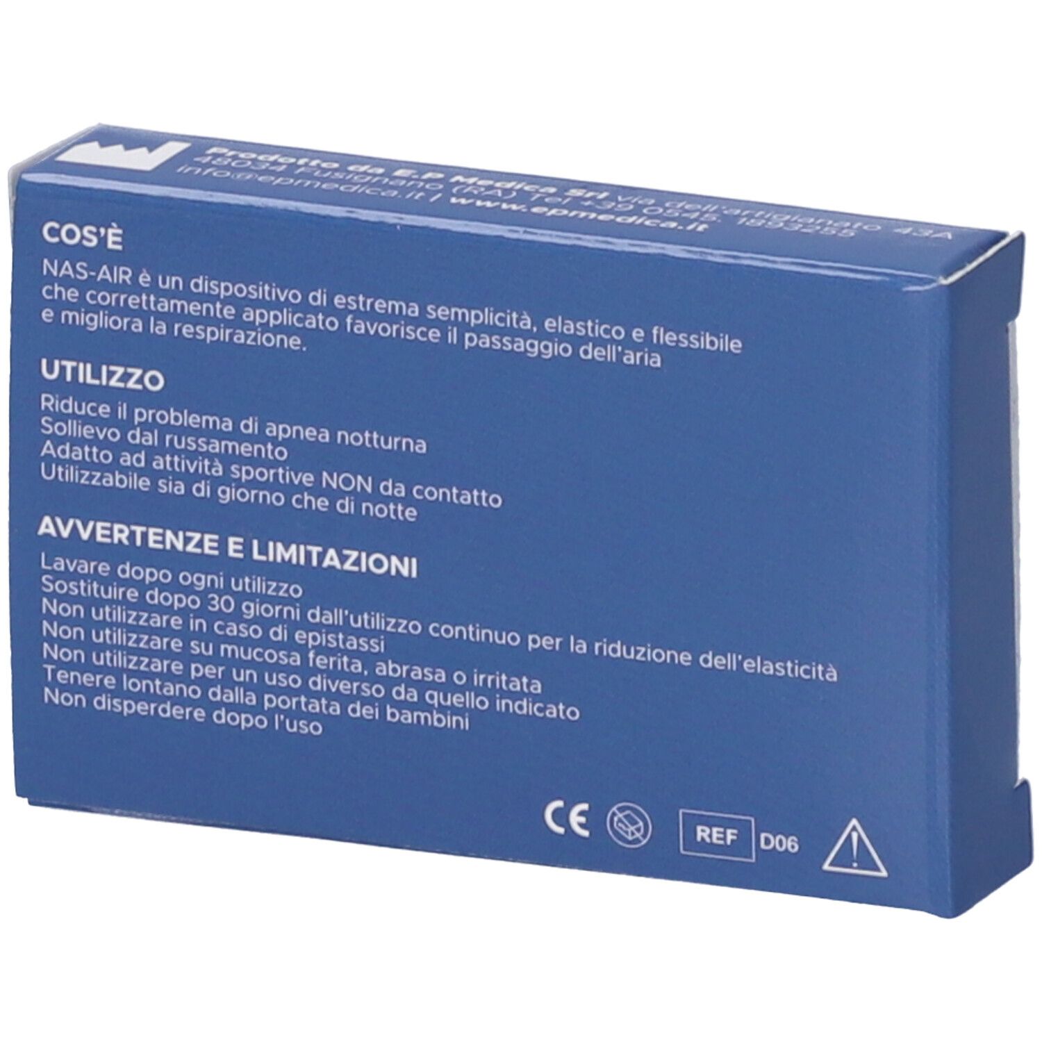 Retro scatola blu con testo. Informazioni su ingredienti e utilizzo.