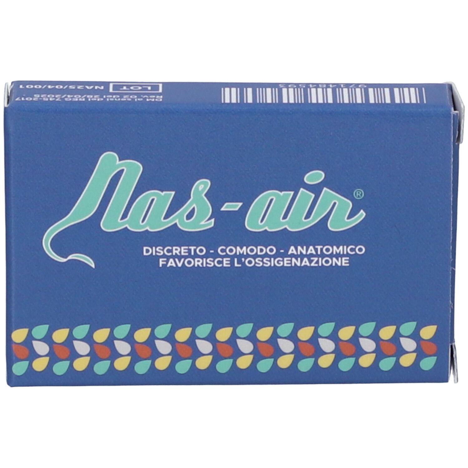 Scatola blu con logo "nas-air". Testo: "Discreto - comodo - anatomico".
