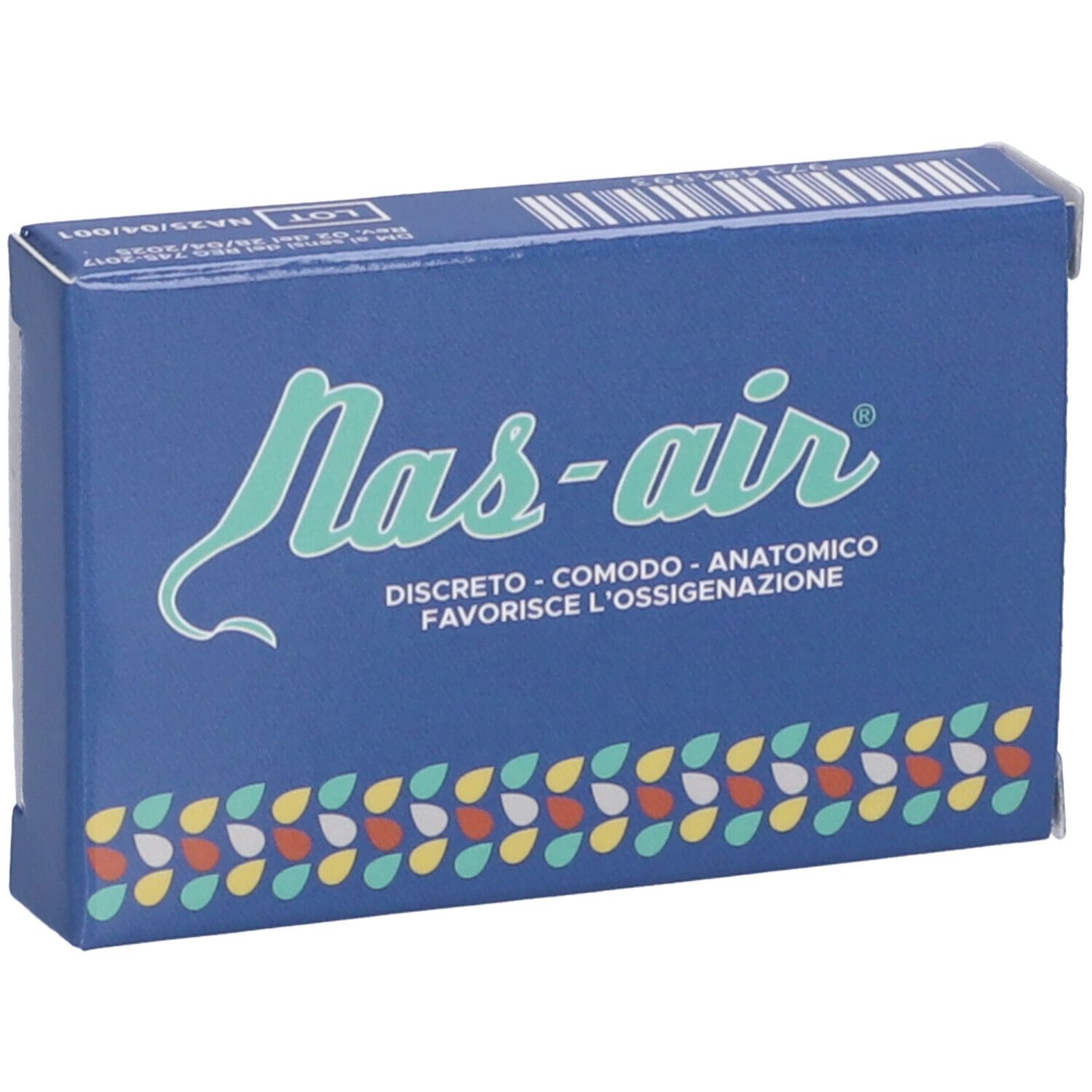 Scatola blu con logo "nas-air". Testo: "Discreto - comodo - anatomico".