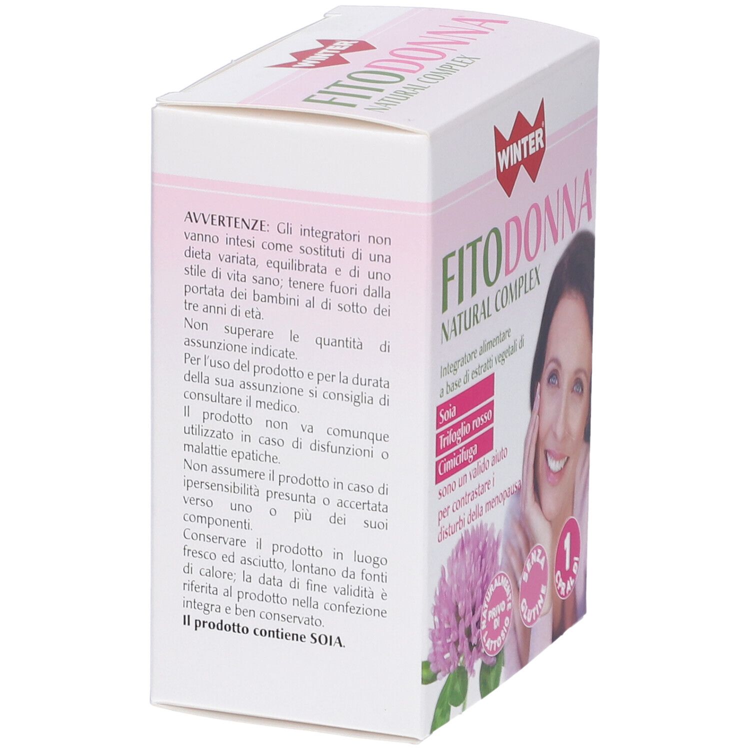 Lato della confezione Winter Fitodonna Natural Complex. Testo con avvertenze e ingredienti. Contiene soia.