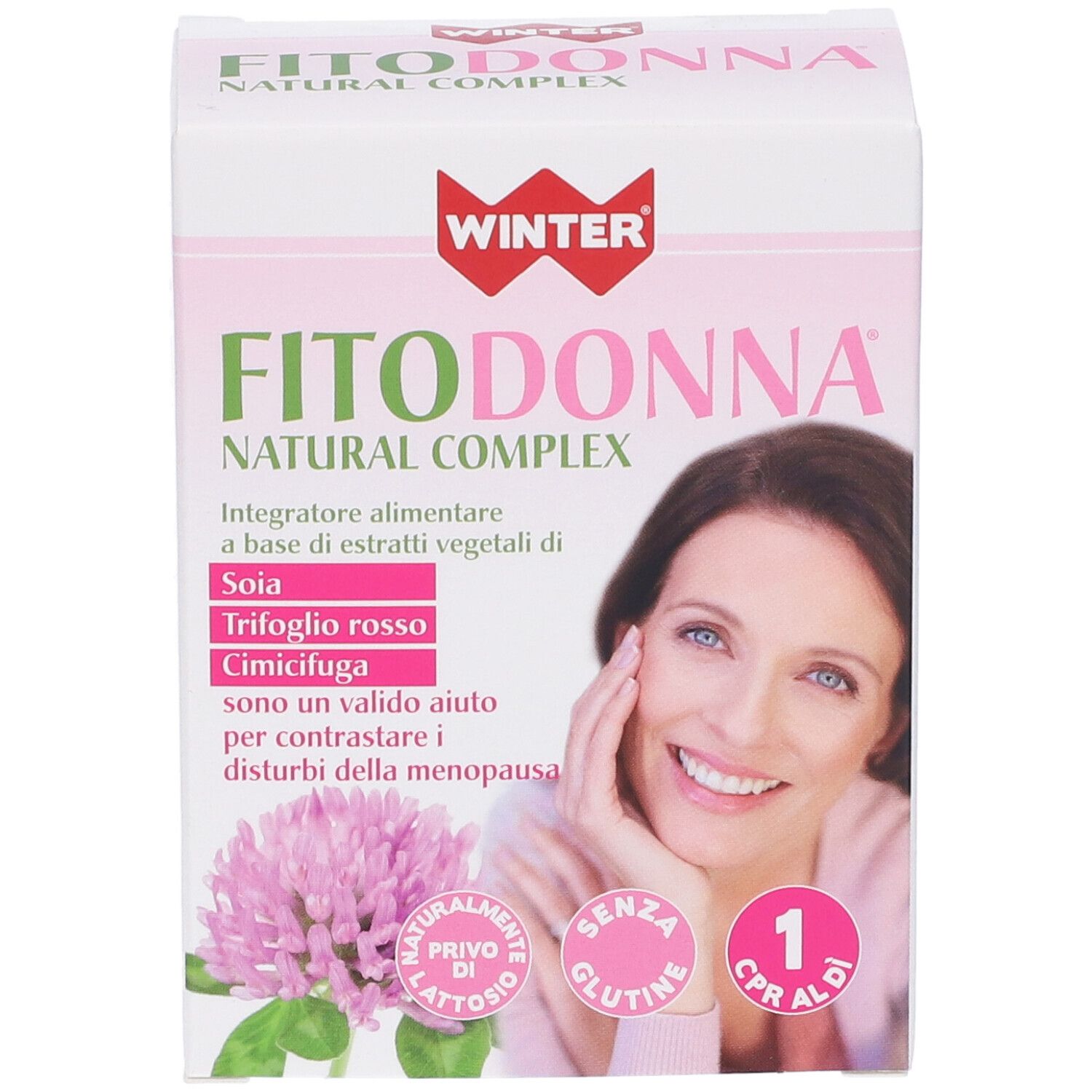 Confezione Winter Fitodonna Natural Complex. Scatola rosa e bianca con nome del prodotto e volto di donna. Contiene 32 compresse.