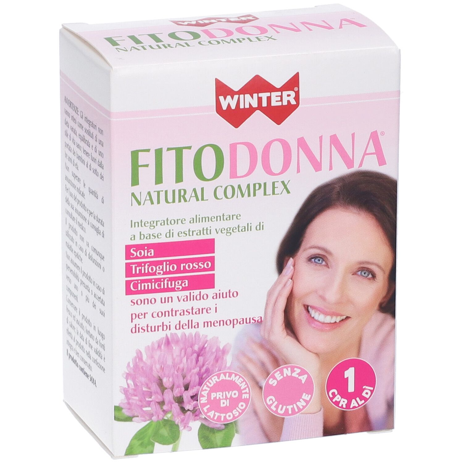 Confezione Winter Fitodonna Natural Complex. Scatola rosa e bianca con nome del prodotto e volto di donna. Contiene 32 compresse.